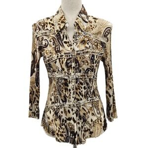 Essentials By Milano Womens Leopard Paisley Pleated Button Down Shirt Brown M